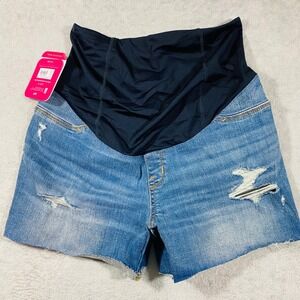 Isabel Maternity Midi Shorts Womens 4/27 Blue Distressed Crossover Panel Denim